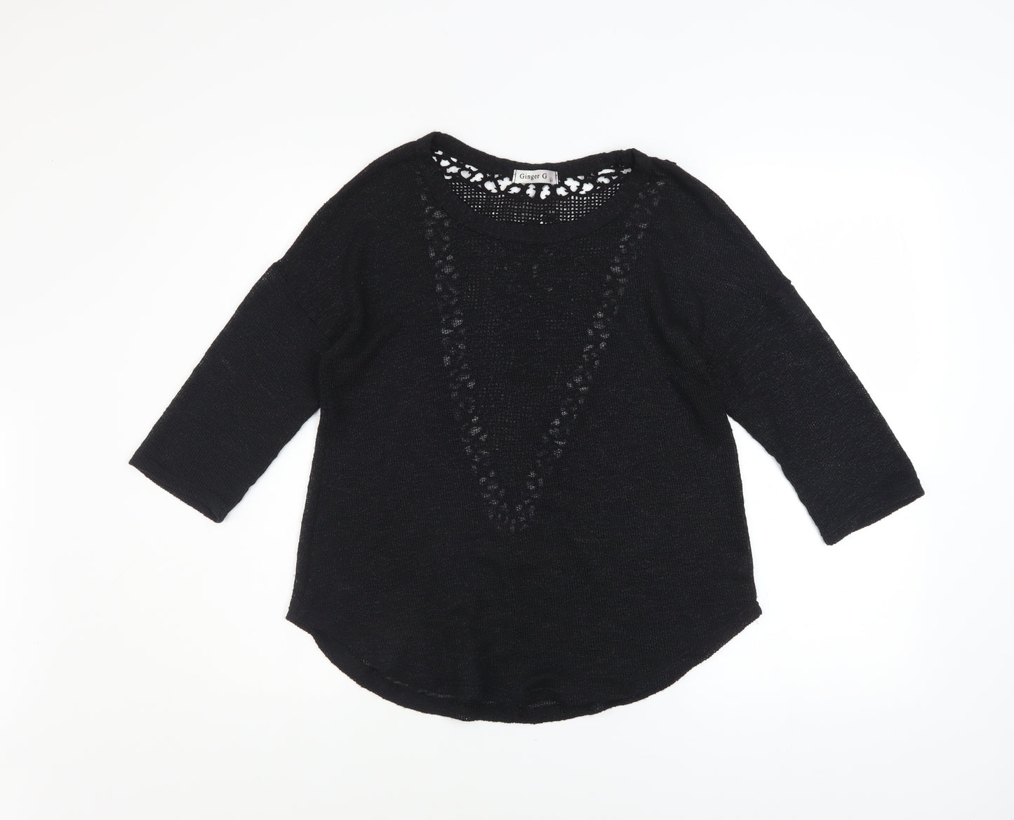 Ginger G Women Black Open Knit 3/4 Sleeve Pullover Jumper M
