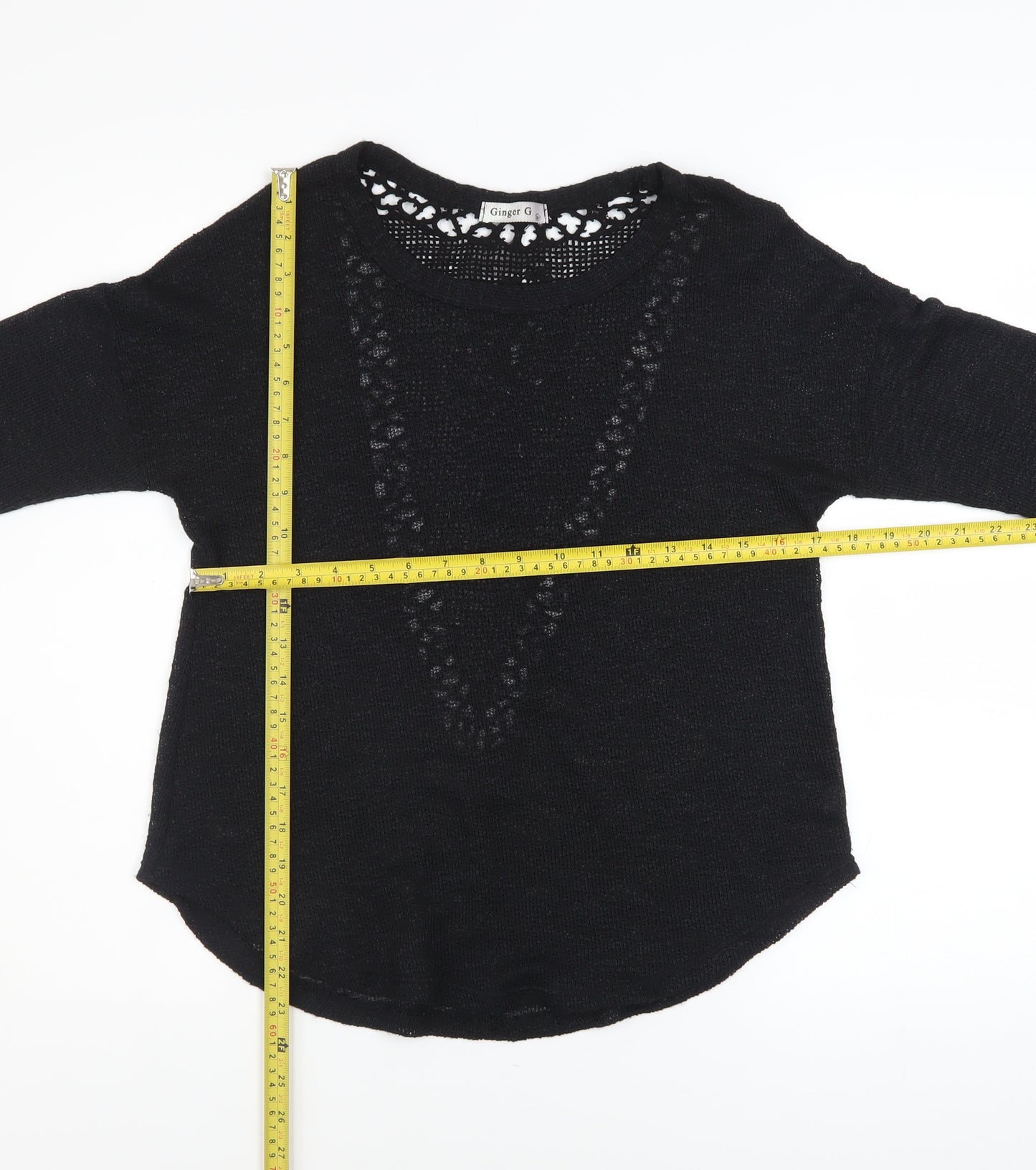 Ginger G Women Black Open Knit 3/4 Sleeve Pullover Jumper M