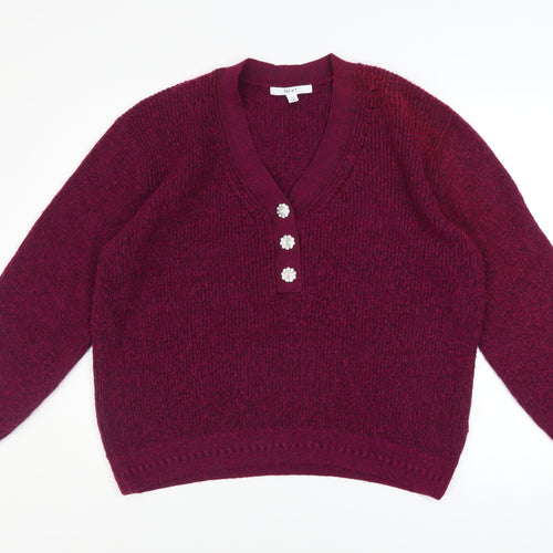 Next Women Red V-Neck Henley Knit Jumper Size L