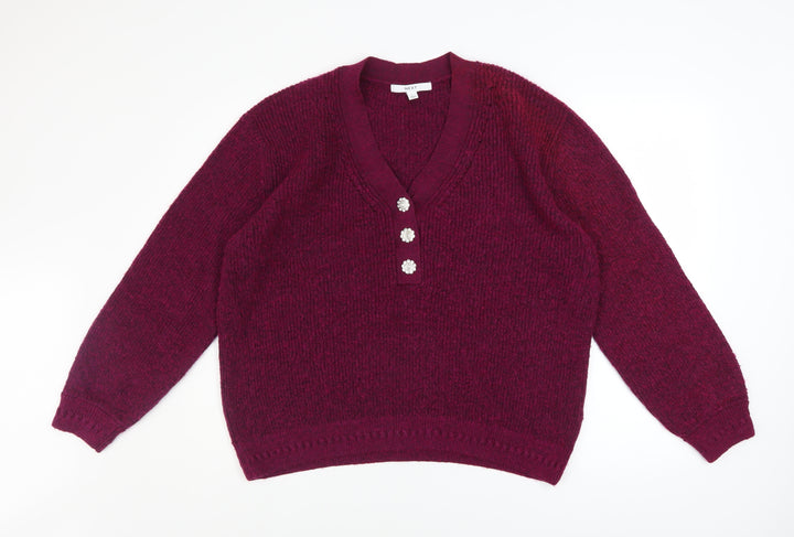 Next Women Red V-Neck Henley Knit Jumper Size L