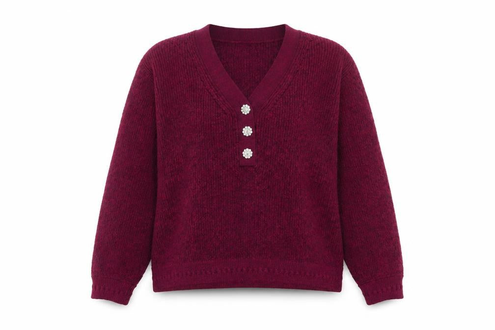Front view of Next Women Red V-Neck Henley Knit Jumper, size L