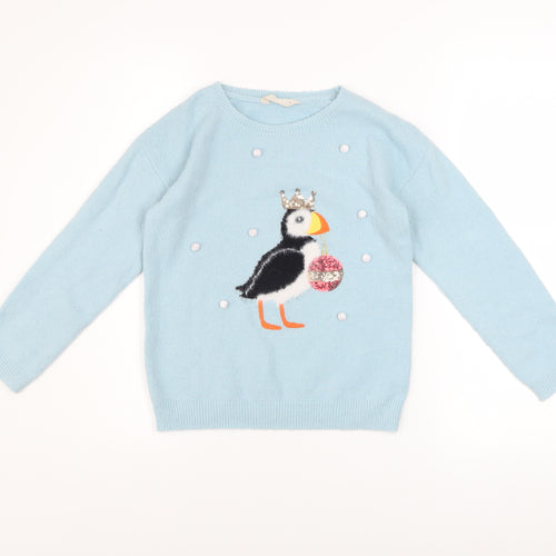 John Lewis Girls Blue Puffin Crown Jumper Size 7 Years Acrylic Blend
