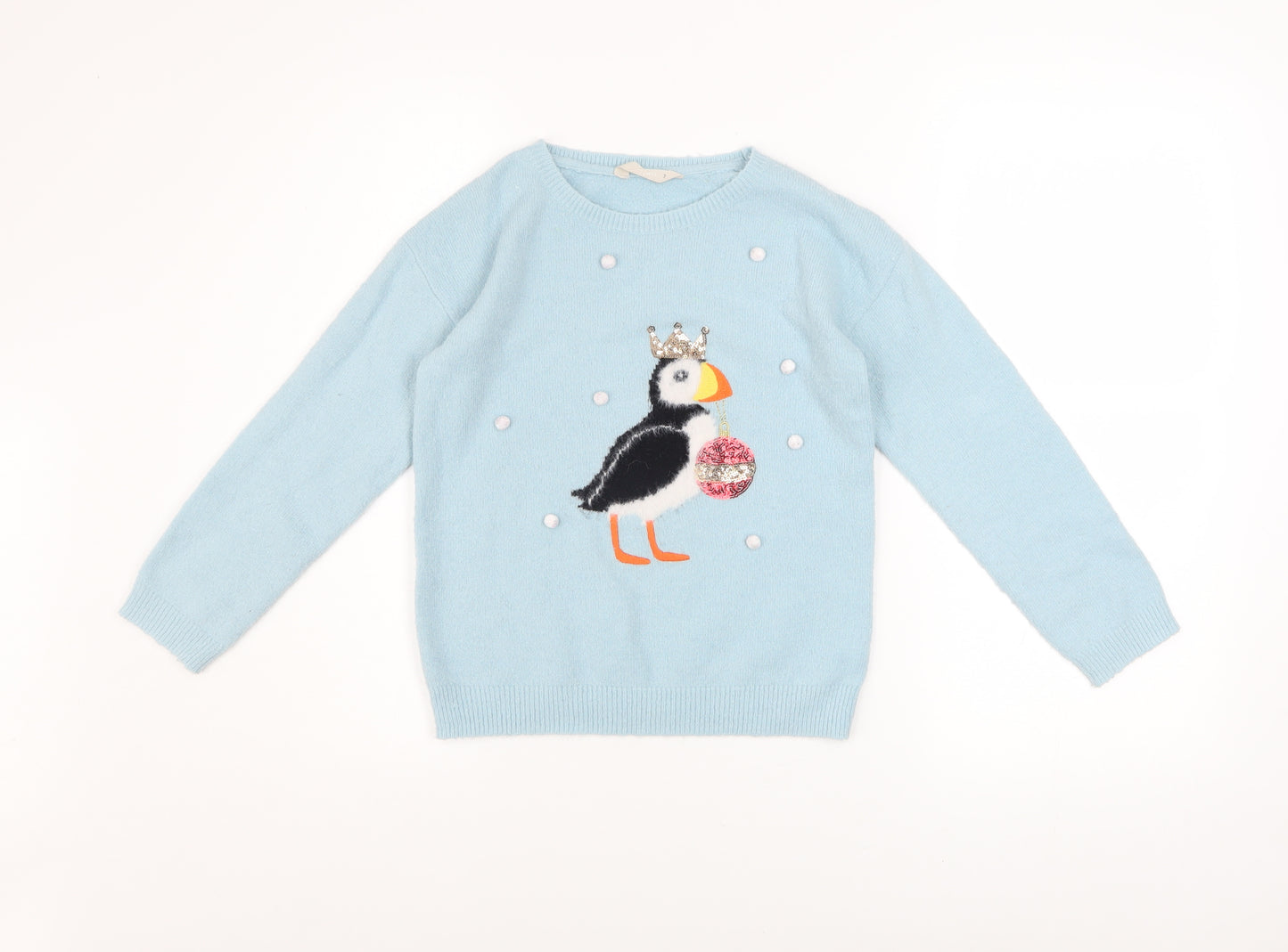 John Lewis Girls Blue Puffin Crown Jumper Size 7 Years Acrylic Blend