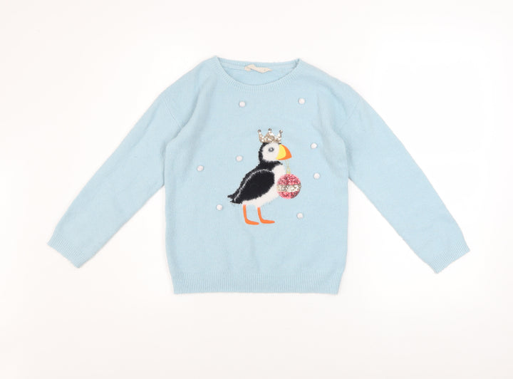 John Lewis Girls Blue Puffin Crown Jumper Size 7 Years Acrylic Blend