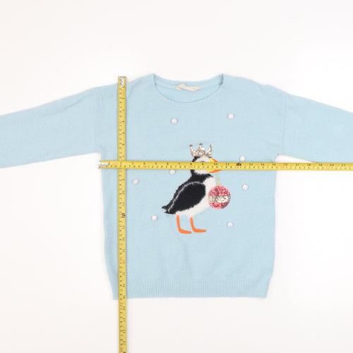 John Lewis Girls Blue Puffin Crown Jumper Size 7 Years Acrylic Blend