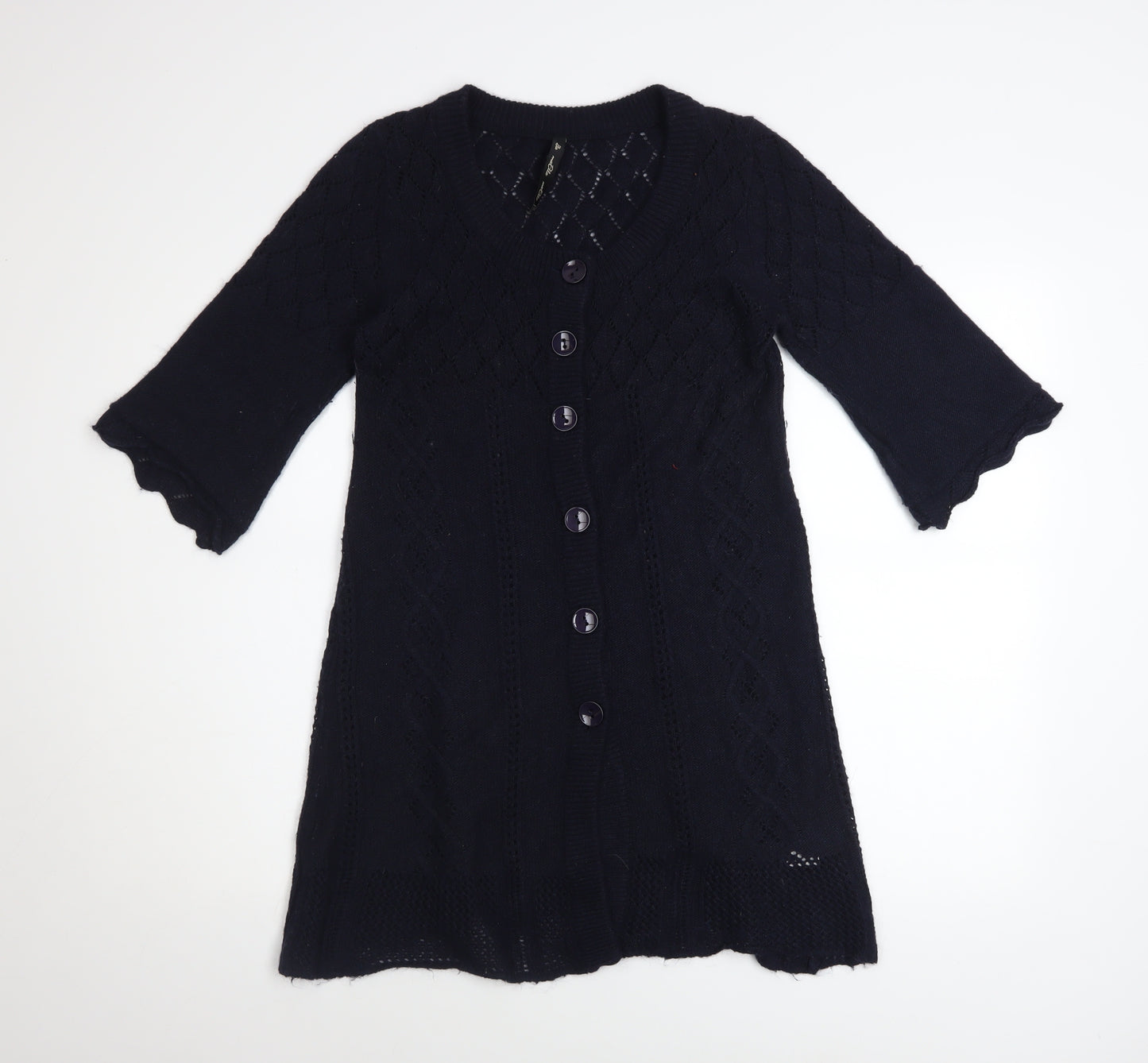 maElla Women Black Knit A-Line Dress S 3/4 Sleeve Button Classic Winter