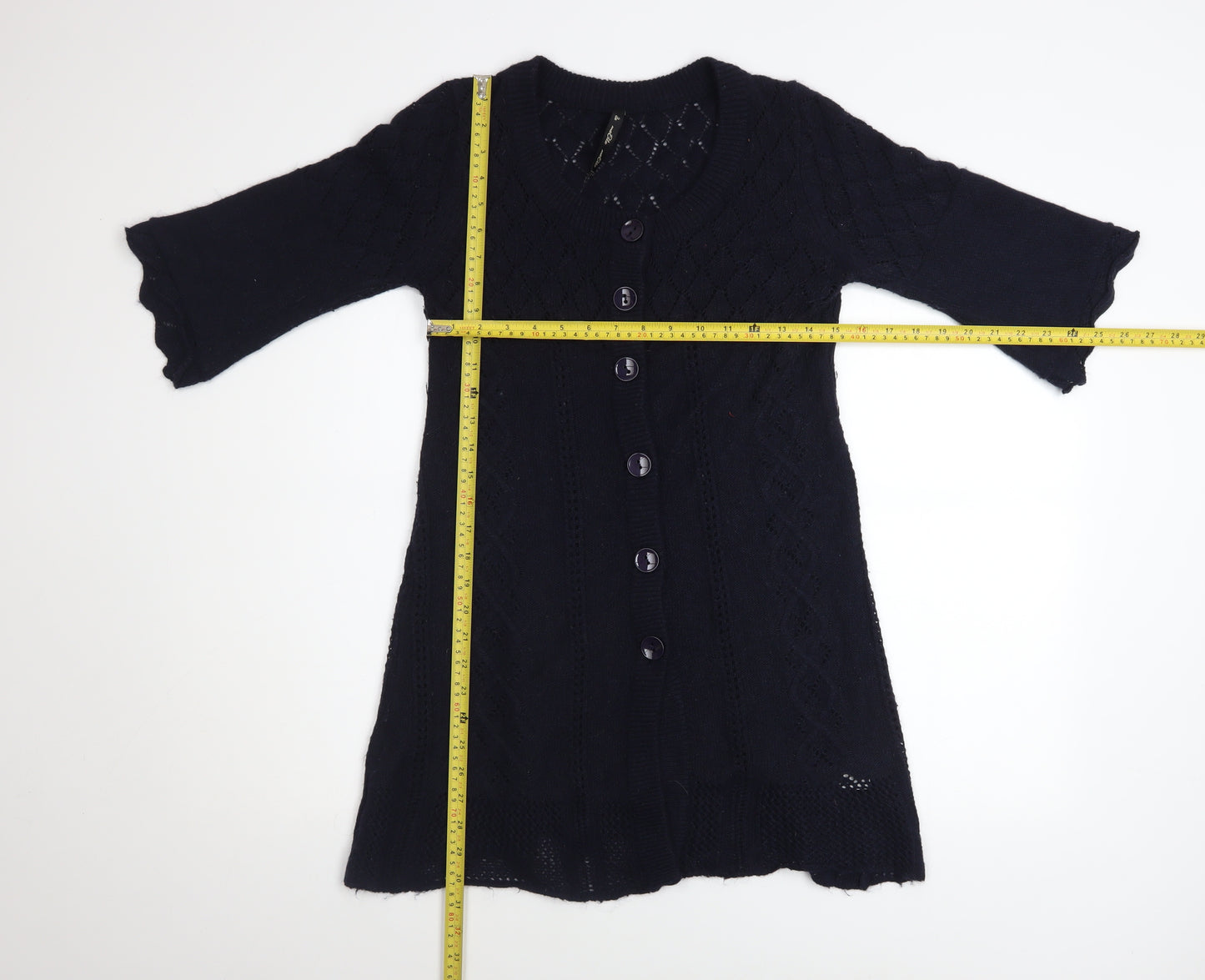 maElla Women Black Knit A-Line Dress S 3/4 Sleeve Button Classic Winter