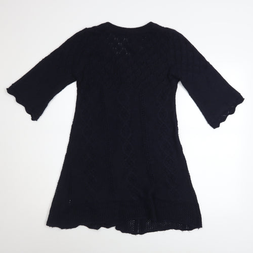 maElla Women Black Knit A-Line Dress S 3/4 Sleeve Button Classic Winter