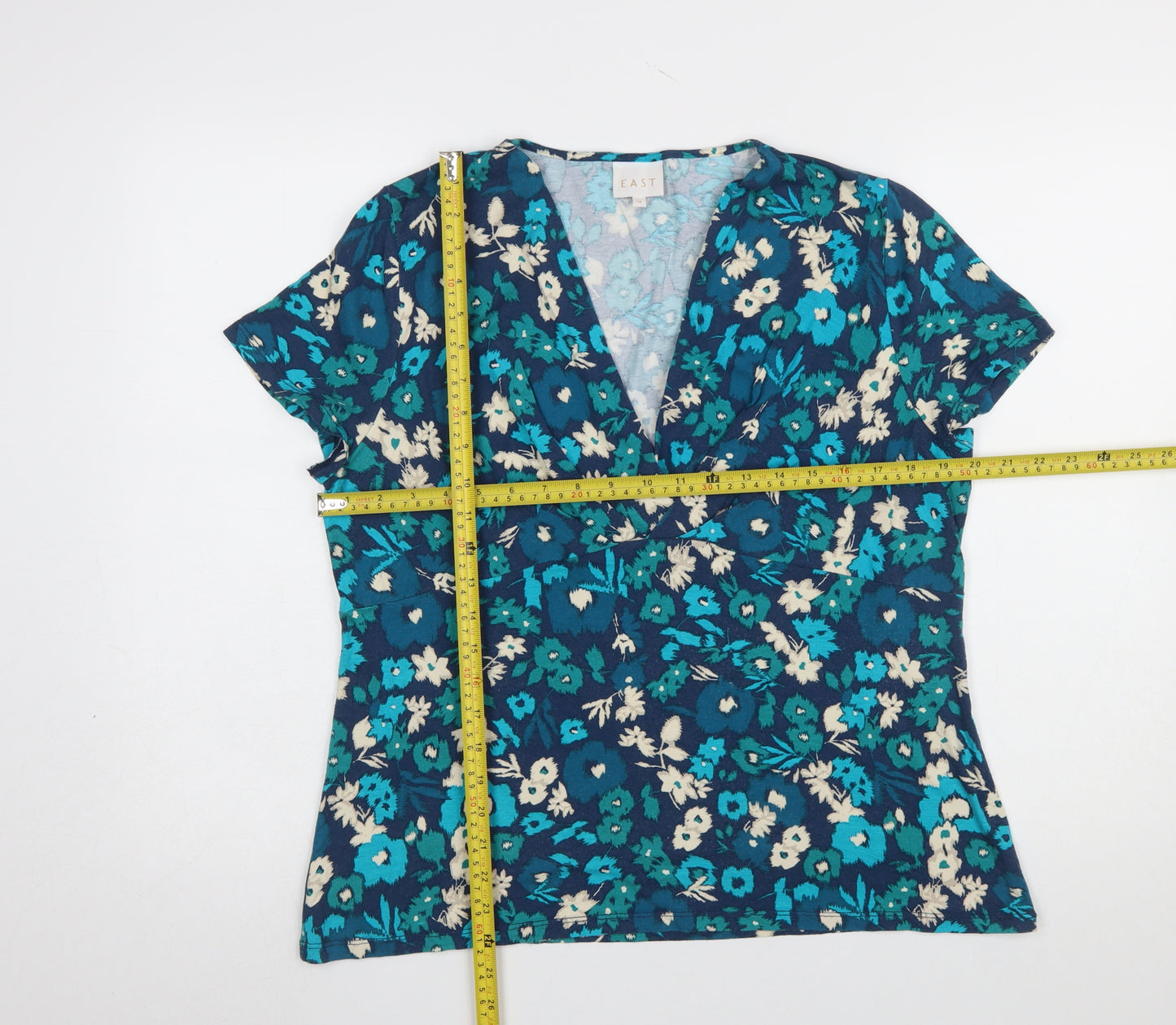 EAST Women Blue Floral Viscose Short Sleeve Tunic Blouse Size 18