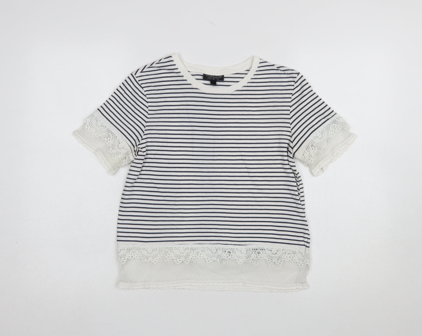 Topshop Women's Navy Striped Lace Trim T-Shirt UK 6