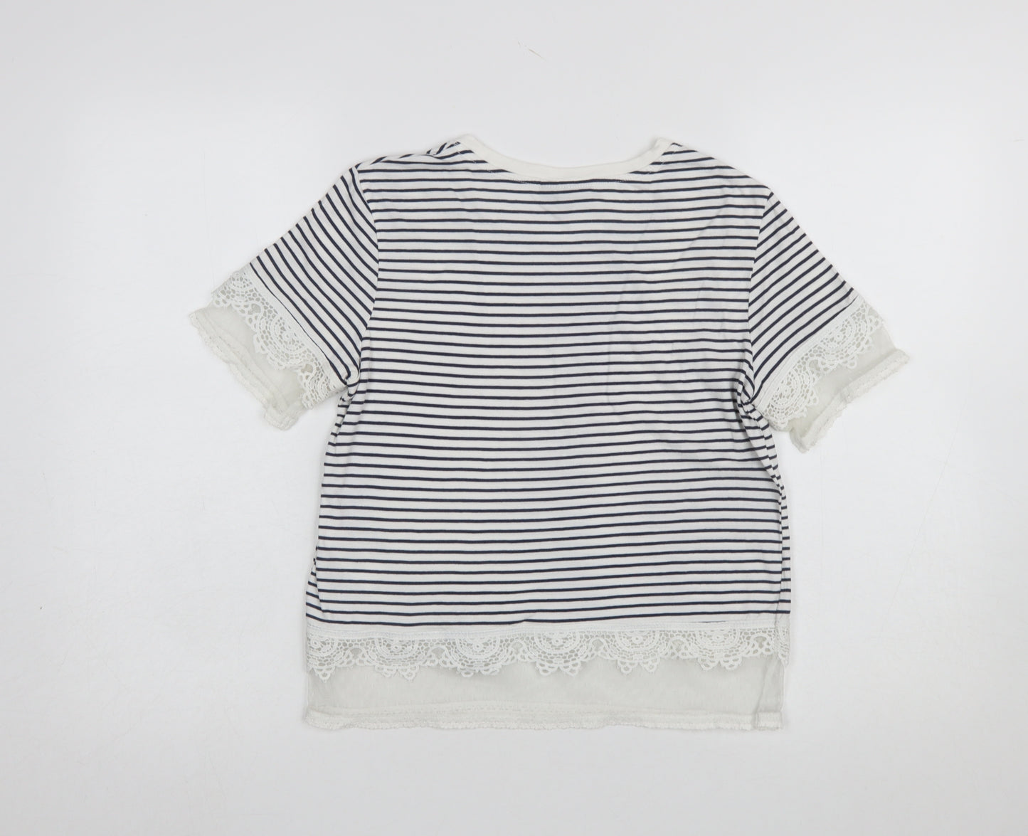 Topshop Women's Navy Striped Lace Trim T-Shirt UK 6