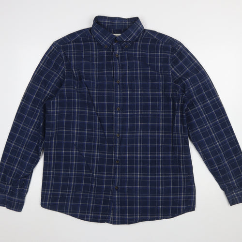 Marks and Spencer Men's Blue Check Flannel Button-Up Shirt L Regular Fit