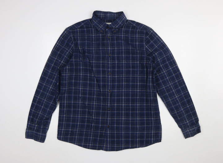 Marks and Spencer Men's Blue Check Flannel Button-Up Shirt L Regular Fit