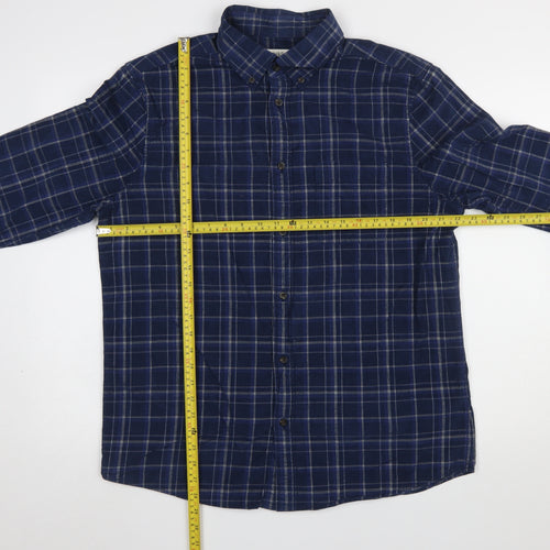Marks and Spencer Men's Blue Check Flannel Button-Up Shirt L Regular Fit