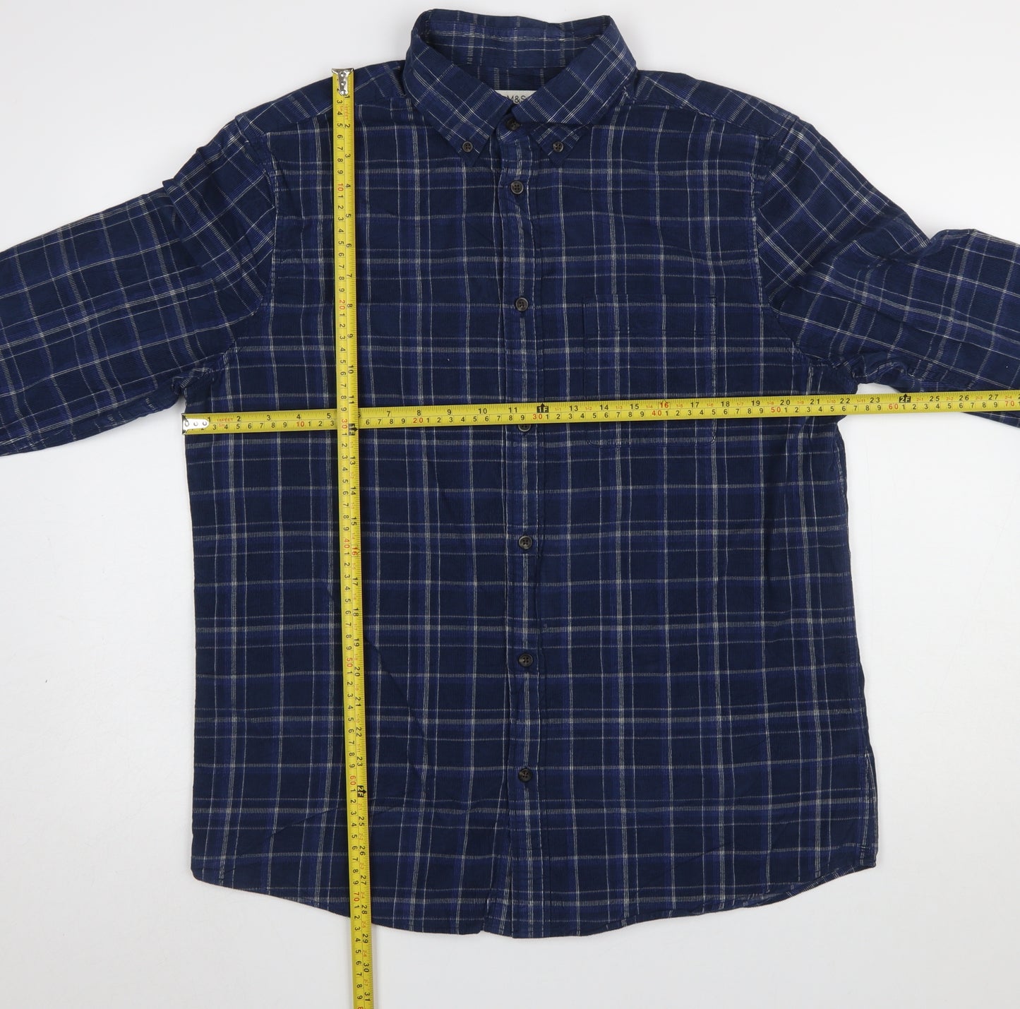 Marks and Spencer Men's Blue Check Flannel Button-Up Shirt L Regular Fit