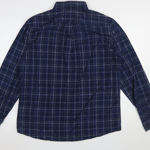 Marks and Spencer Men's Blue Check Flannel Button-Up Shirt L Regular Fit