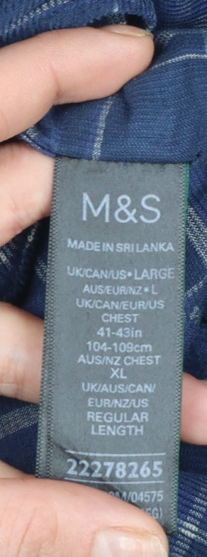 Marks and Spencer Men's Blue Check Flannel Button-Up Shirt L Regular Fit