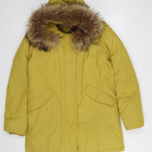 Gabor Active Wear Womens Yellow Faux Fur Trim Hooded Parka Coat M