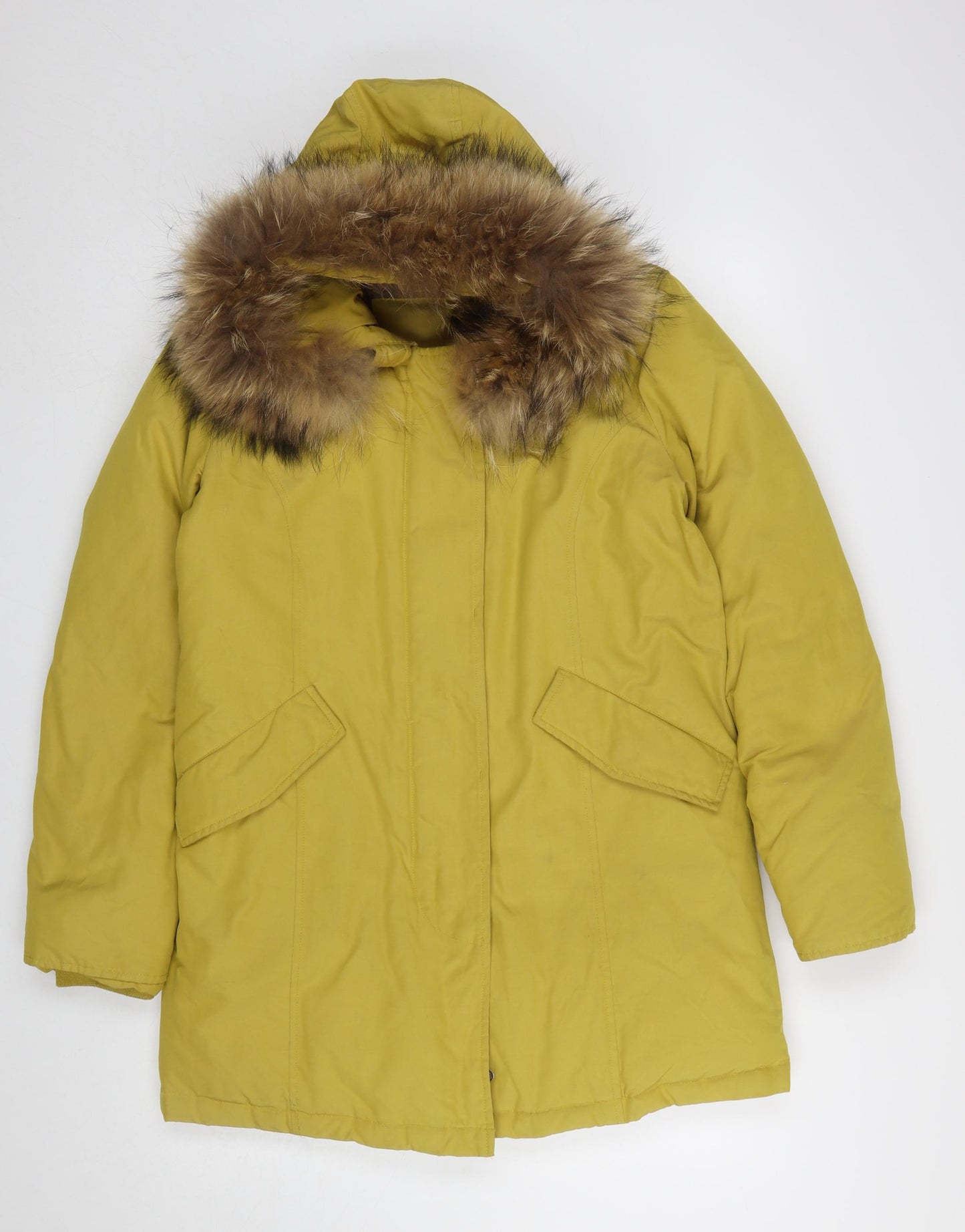 Gabor Active Wear Womens Yellow Faux Fur Trim Hooded Parka Coat M