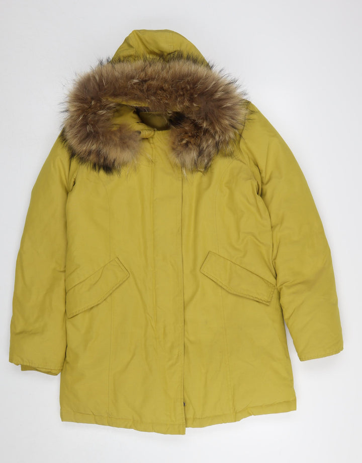 Gabor Active Wear Womens Yellow Faux Fur Trim Hooded Parka Coat M