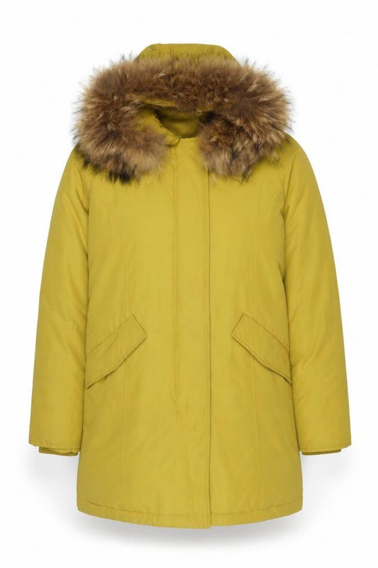 Front view of Gabor Active Wear women’s yellow faux fur trim hooded parka coat m