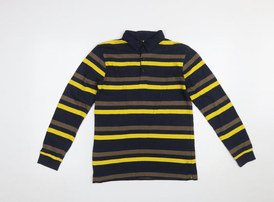 Nukutavake Boys Navy Yellow Striped Long Sleeve Polo Shirt 14 Years