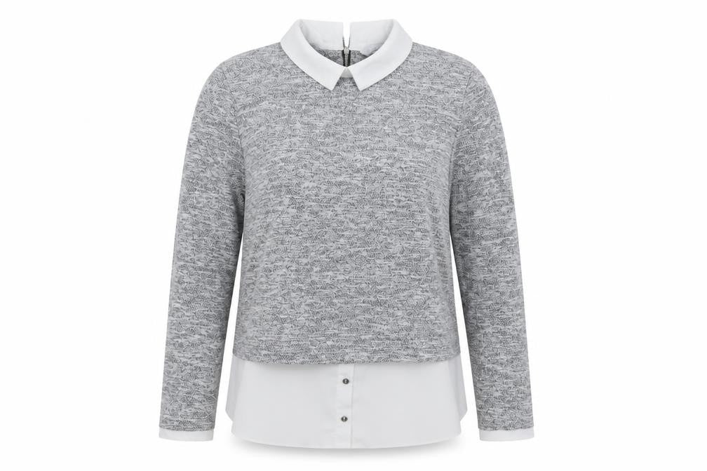 Front view of Red Herring women’s grey collared layered knit blouse, size UK 12