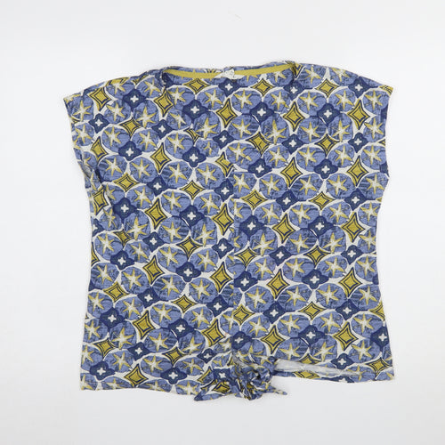 White Stuff Women's Blue Yellow Patterned Cotton Tie Hem T-Shirt UK 8
