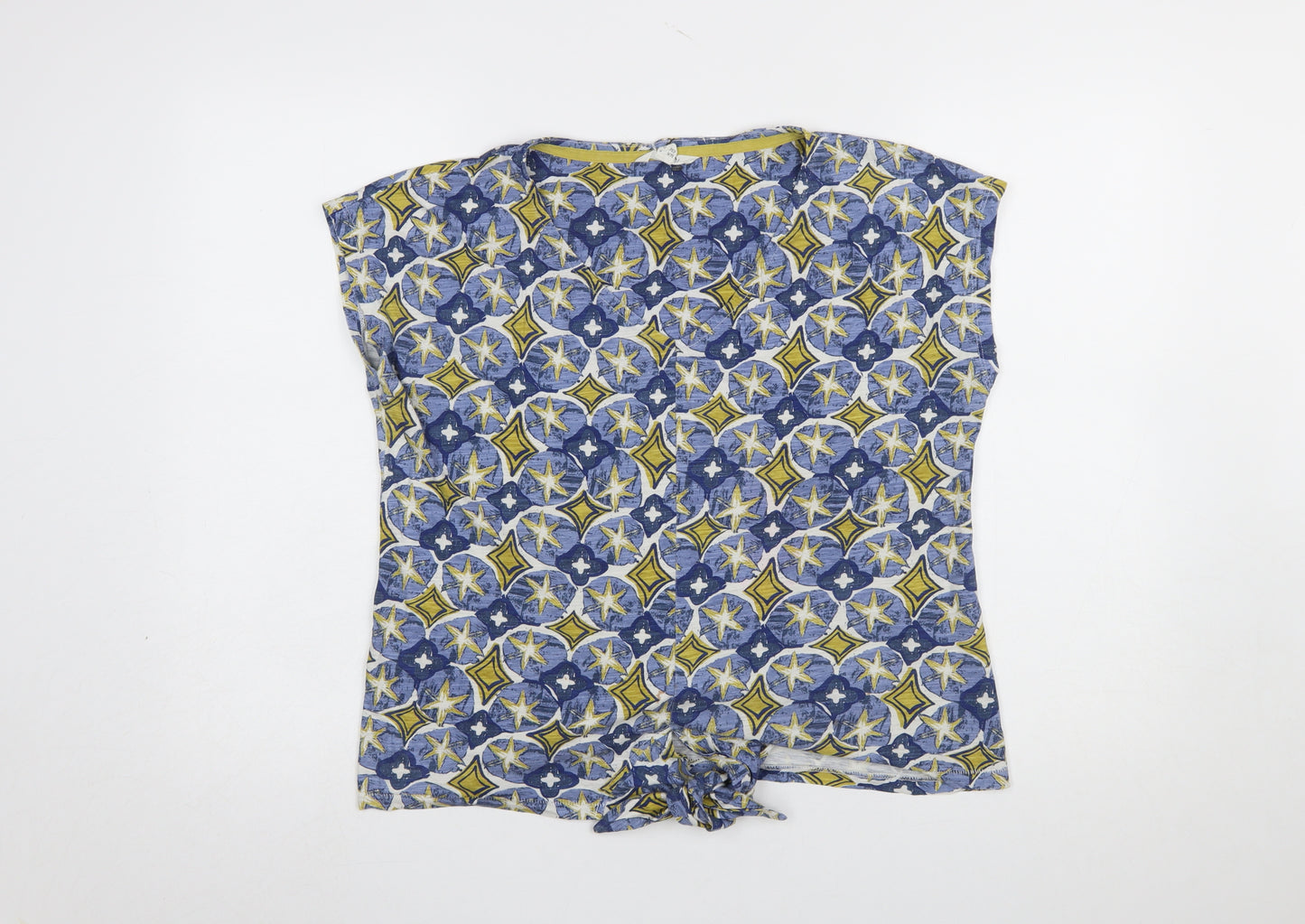 White Stuff Women's Blue Yellow Patterned Cotton Tie Hem T-Shirt UK 8