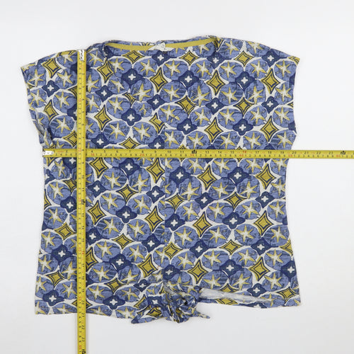 White Stuff Women's Blue Yellow Patterned Cotton Tie Hem T-Shirt UK 8