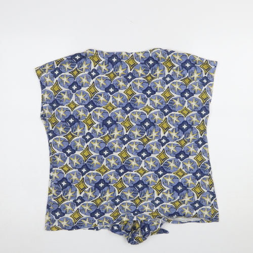White Stuff Women's Blue Yellow Patterned Cotton Tie Hem T-Shirt UK 8