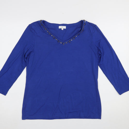 CC Women Blue Beaded V-Neck 3/4 Sleeve Stretch Jersey Top M