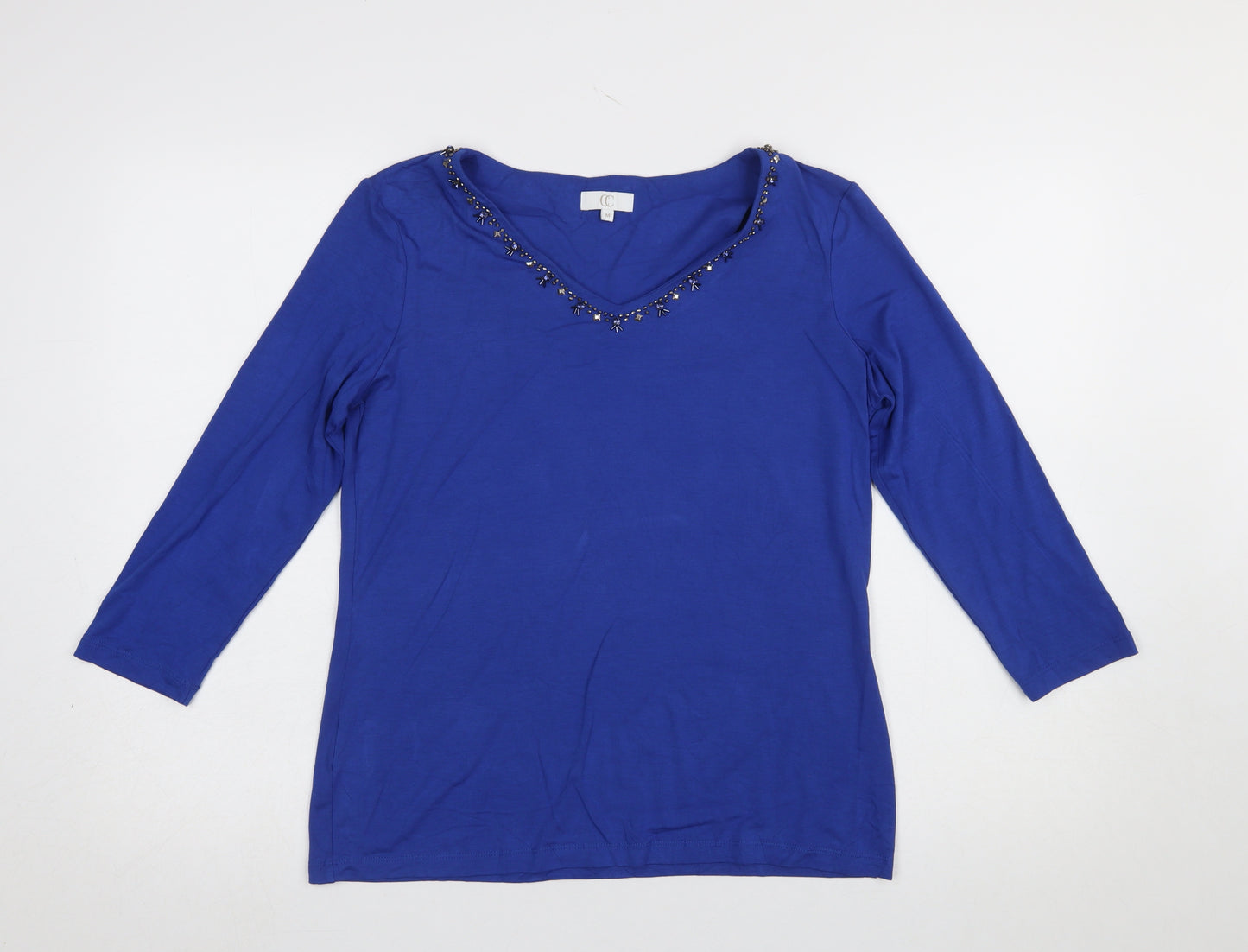CC Women Blue Beaded V-Neck 3/4 Sleeve Stretch Jersey Top M