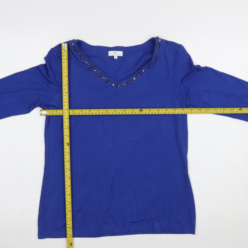 CC Women Blue Beaded V-Neck 3/4 Sleeve Stretch Jersey Top M