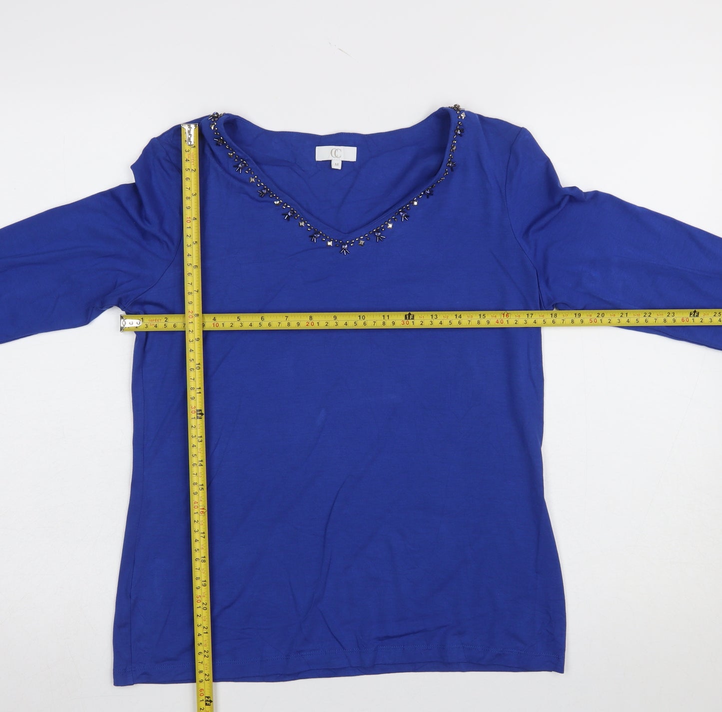 CC Women Blue Beaded V-Neck 3/4 Sleeve Stretch Jersey Top M