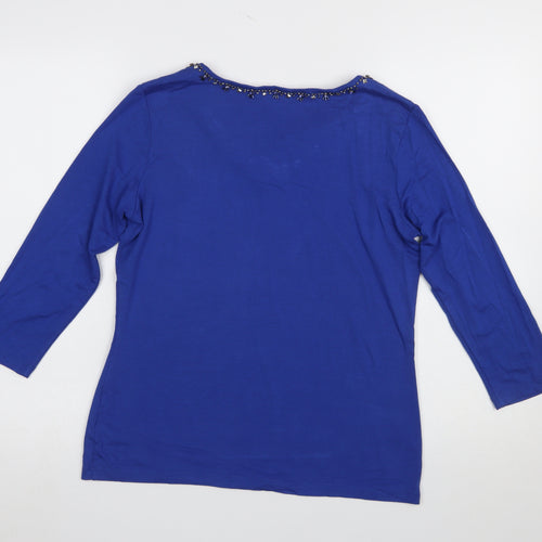 CC Women Blue Beaded V-Neck 3/4 Sleeve Stretch Jersey Top M