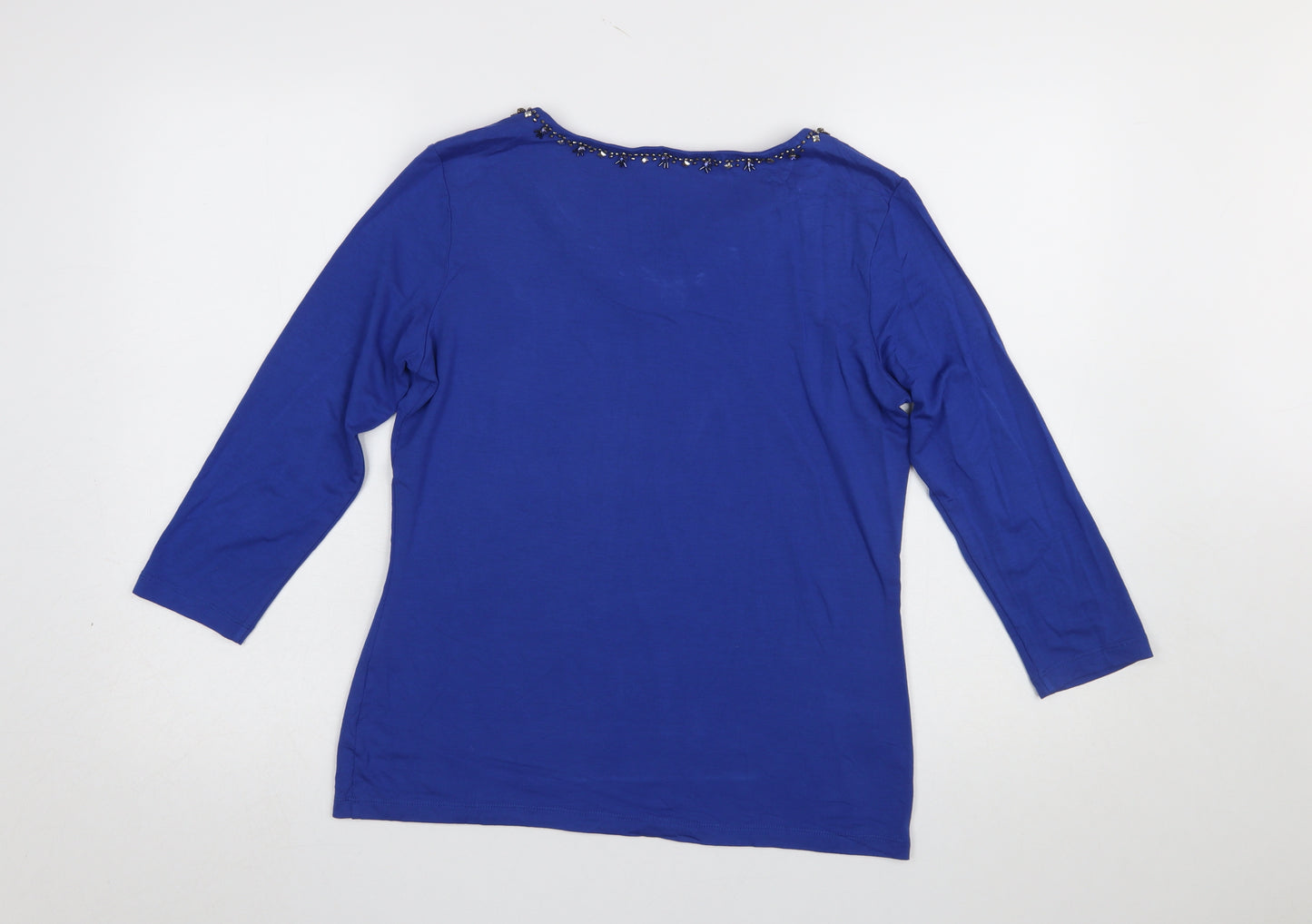 CC Women Blue Beaded V-Neck 3/4 Sleeve Stretch Jersey Top M