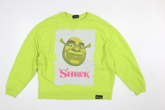 Front view of Primark Women’s Green Shrek Graphic Sweatshirt, size S, Crew Neck