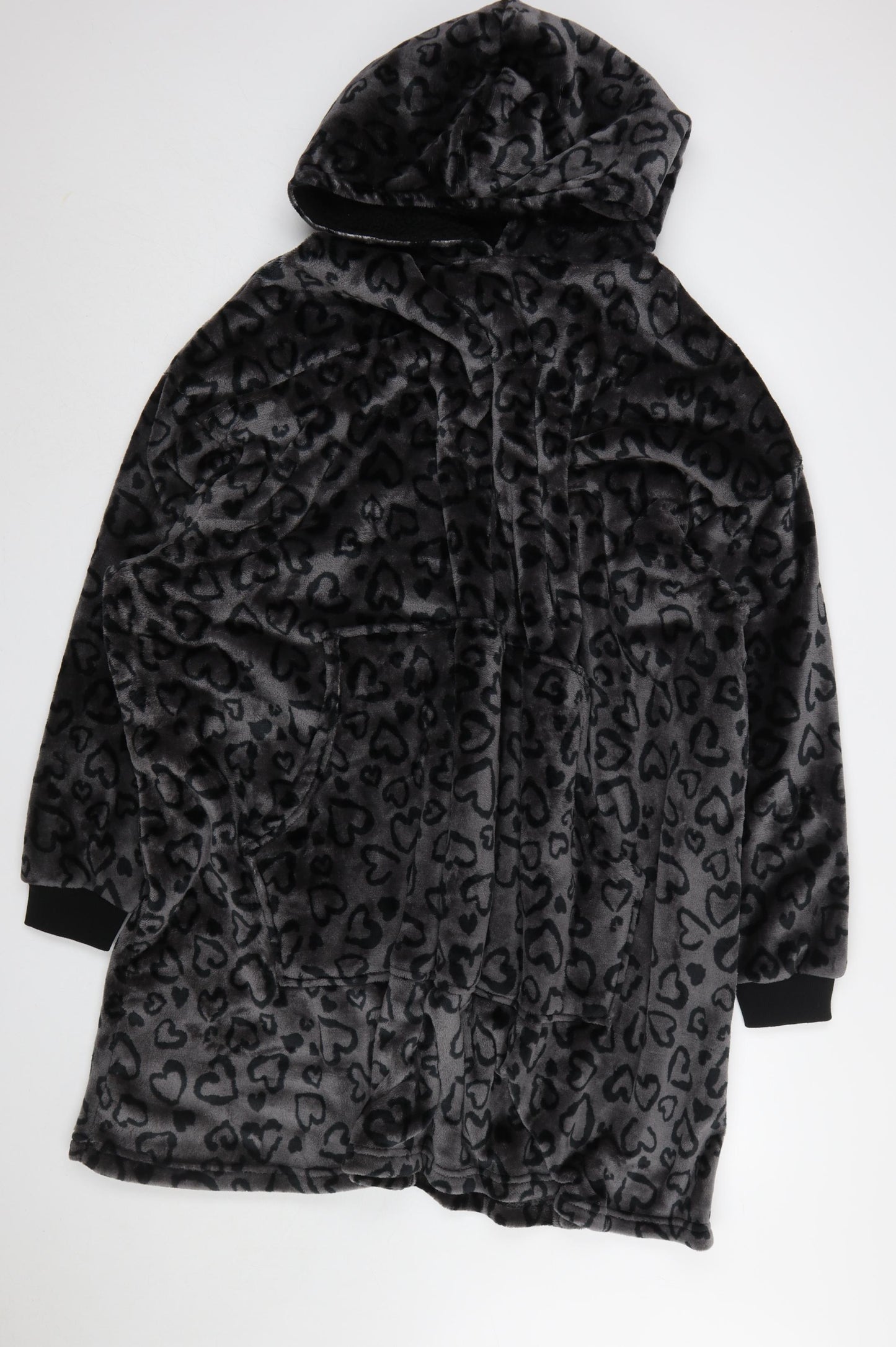 Yours Women’s Grey Hooded Fleece Robe L Heart Print Winter Wear