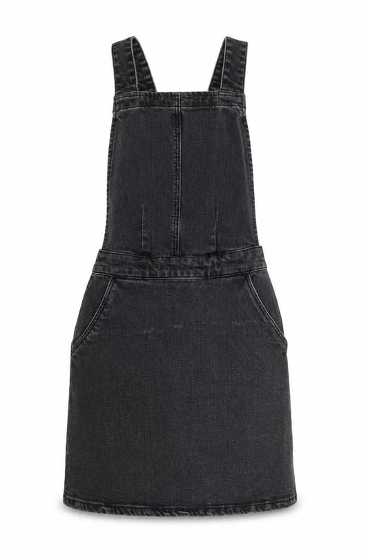 Front view of ASOS Women Black Denim Pinafore Dress, size 8, Casual Stretch
