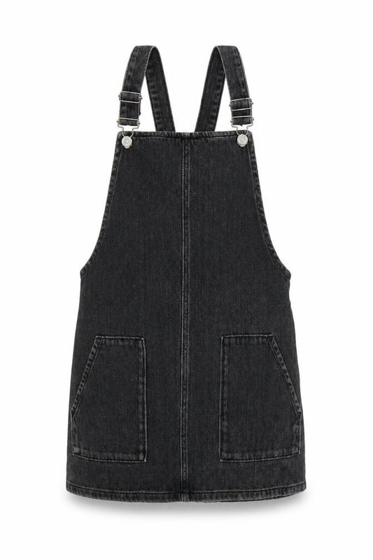 Front view of Topshop Women’s Black Denim Pinafore Dress, size UK 6