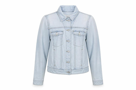 Front view of Mango Women Blue XS Denim Basic Jacket Buttoned Cotton