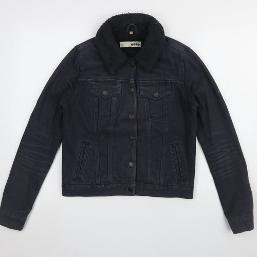 Topshop MOTO Women Black Cotton Lined Fur Collar Denim Jacket UK 8