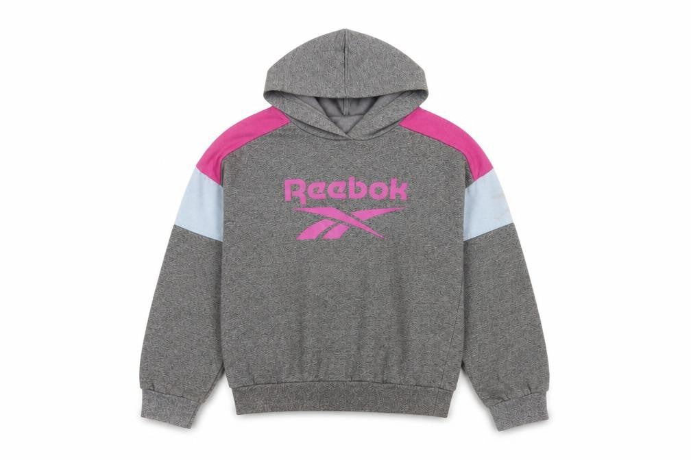 Front view of Reebok girls’ grey colourblock logo pullover hoodie 13-14 years