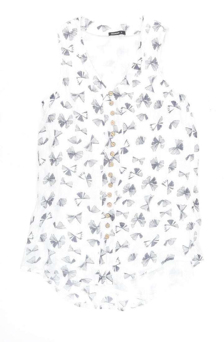 Roman Women’s White Floral Button Blouse Size 10 Sleeveless Top