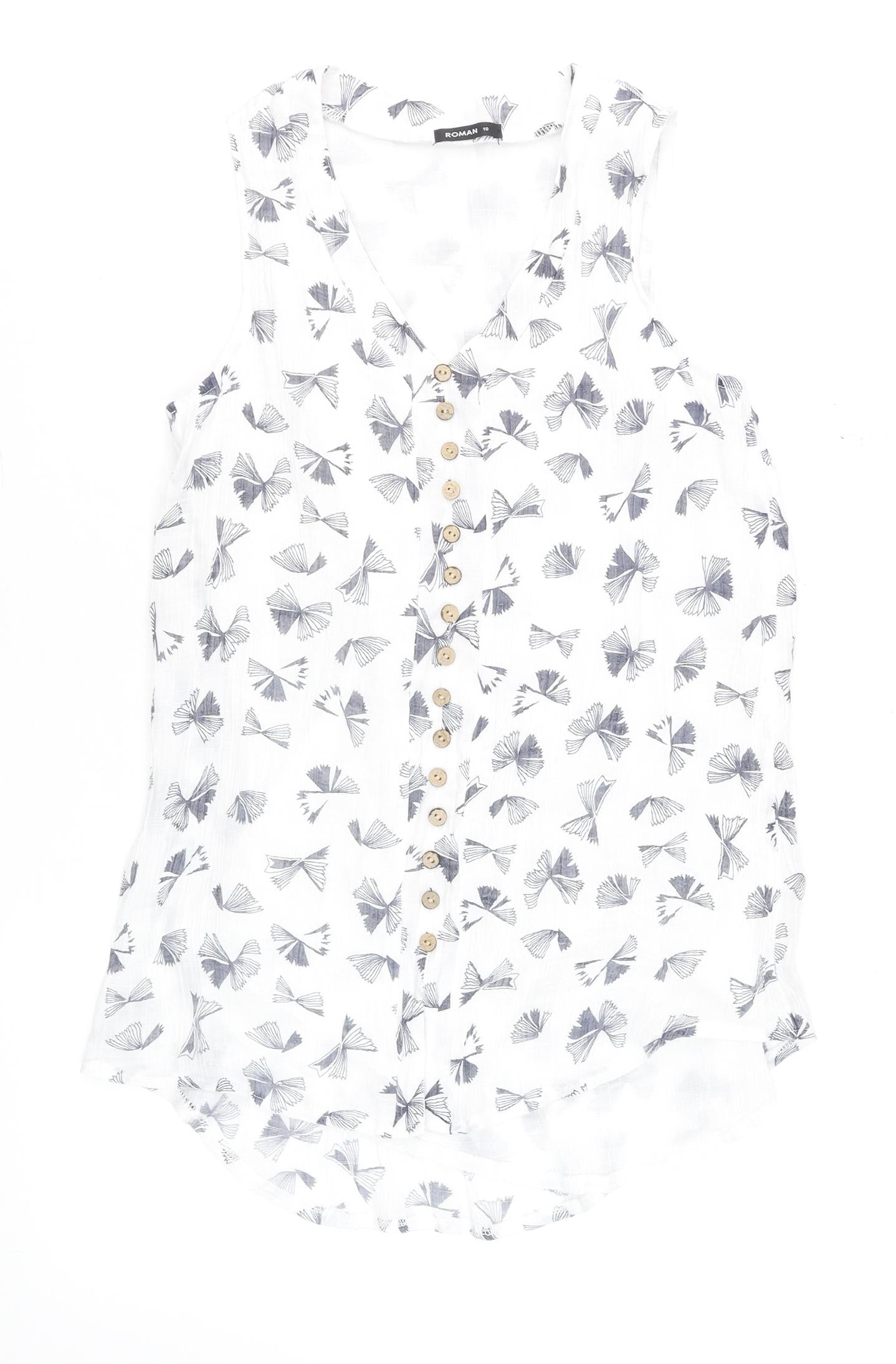 Roman Women’s White Floral Button Blouse Size 10 Sleeveless Top