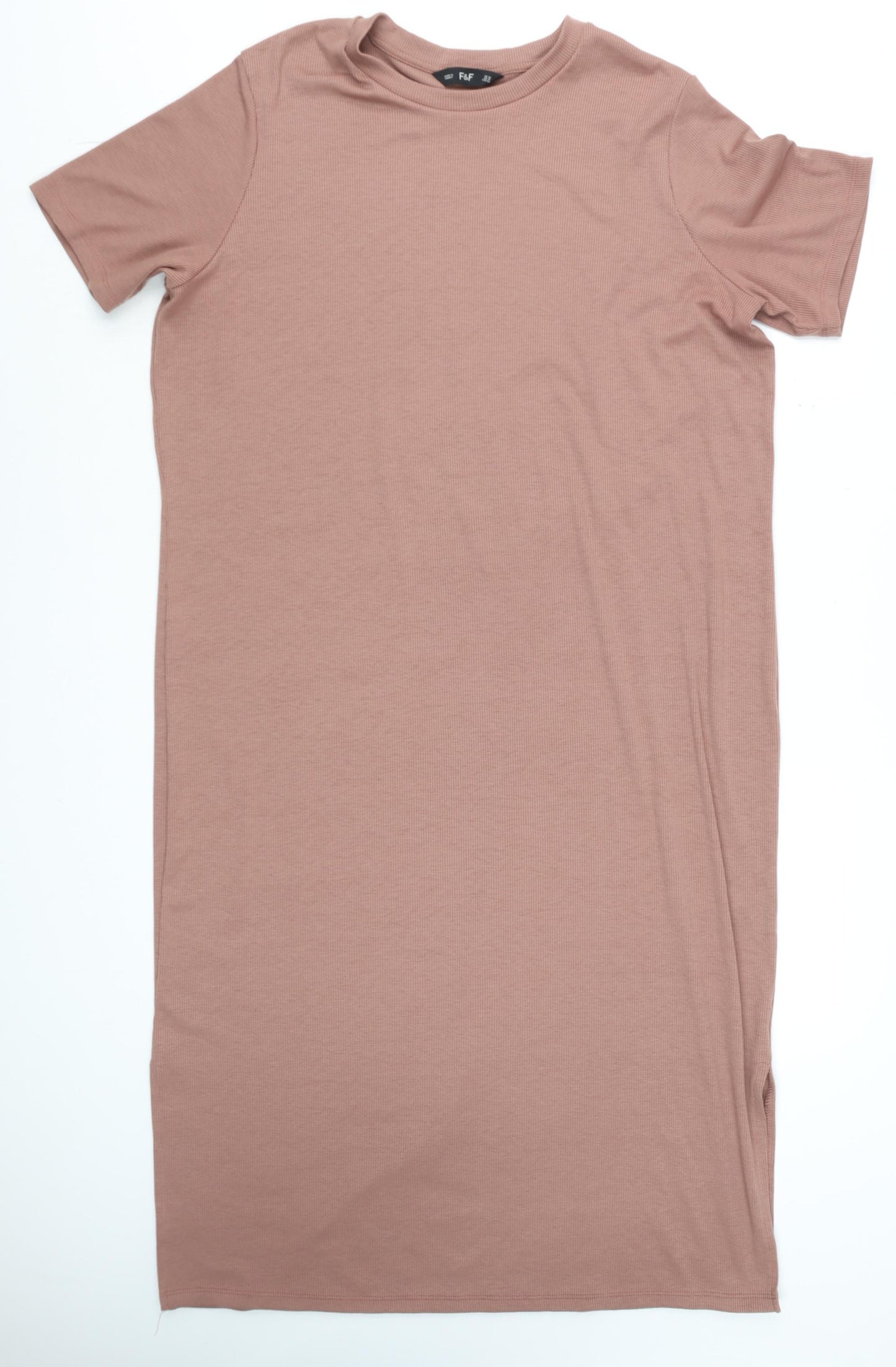 F&F Women Brown Short Sleeve Ribbed Midi T-Shirt Dress Size 10