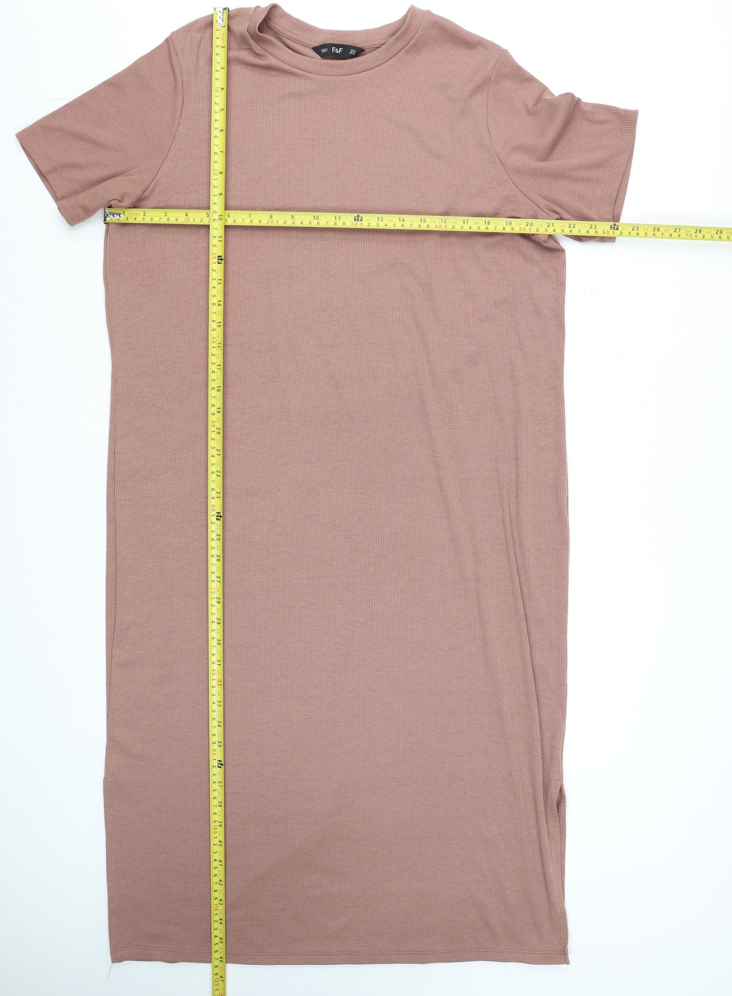 F&F Women Brown Short Sleeve Ribbed Midi T-Shirt Dress Size 10