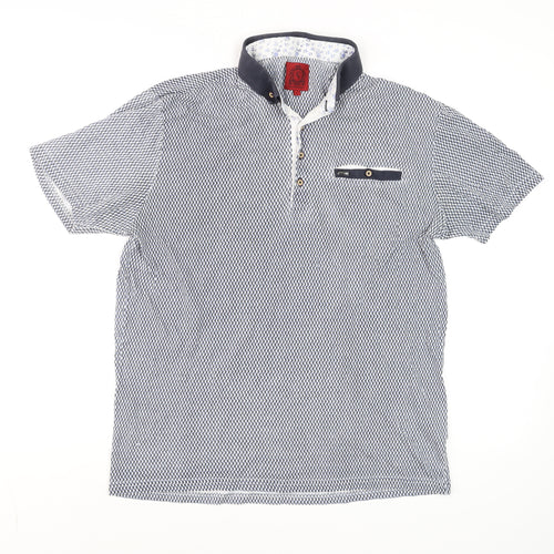 Swade Men's Blue Geometric Cotton Short Sleeve Polo Shirt L
