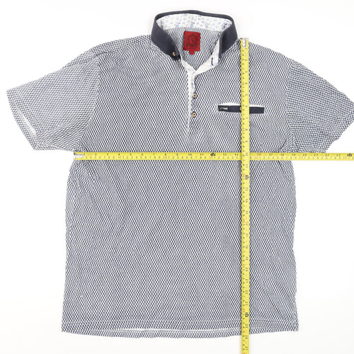 Swade Men's Blue Geometric Cotton Short Sleeve Polo Shirt L